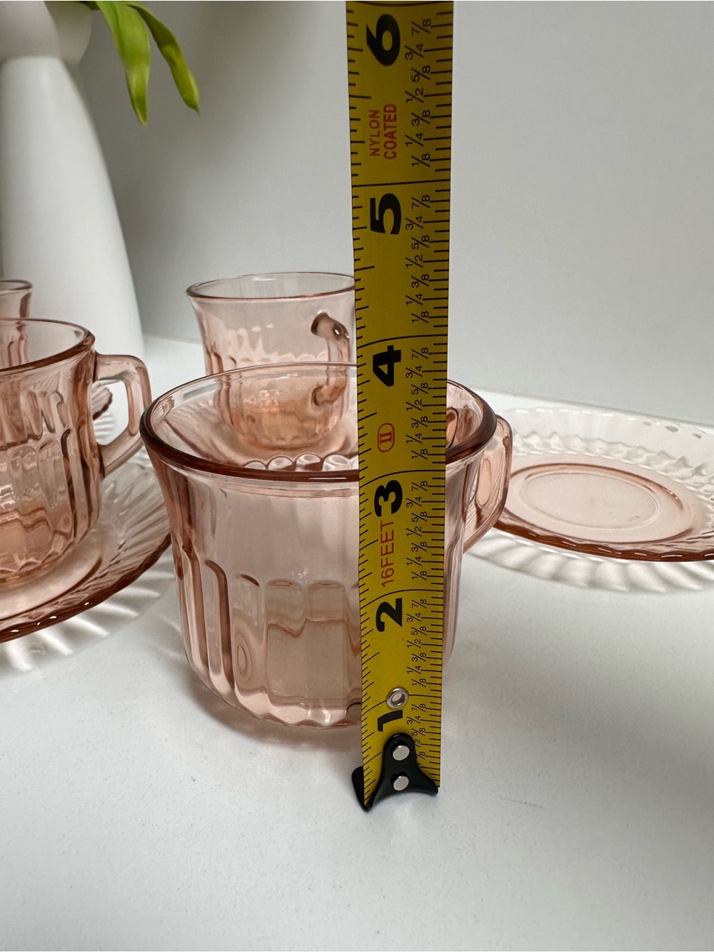 Vtg Forte Crisa Cup & Saucer Radiance Pink Glass Ribbed Set Of 4 Elegance EUC - Picture 6 of 7